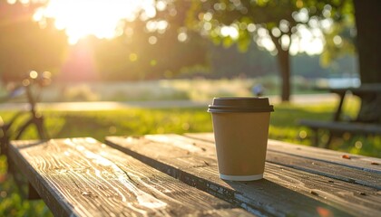 Coffee cup on picnic table, backlit by a warm sunset with out-of-focus trees in the background