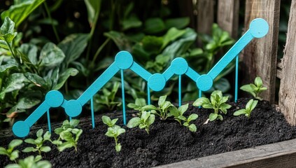 Growing investment, upward trend in garden plot.  Small plants sprout alongside a teal upward trend graph