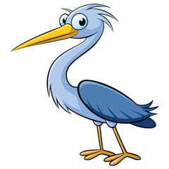 Cartoon heron with light blue feathers and a long yellow beak curiously stands