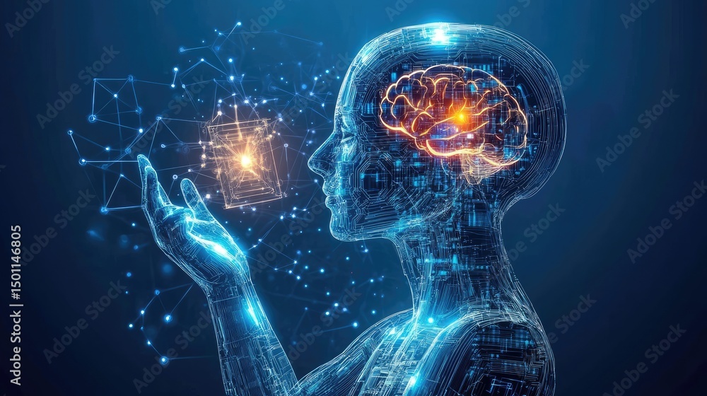 Poster ai brain, futuristic concept. human-like robot head interacts with digital data