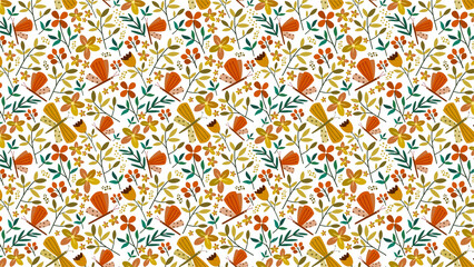 Seamless pattern featuring butterflies dragonflies and flowers on a white background