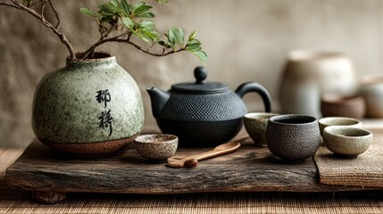 Elegant Japanese tea setup with teapot and cups on a wooden table