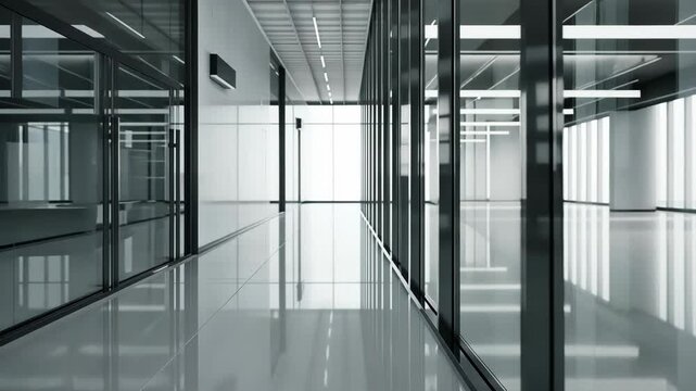 Modern and empty hallway with reflective glass walls.