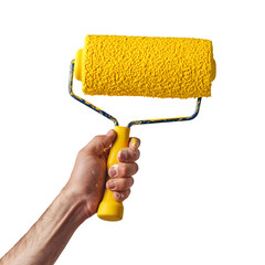 Hand holding a paint roller isolate on white background