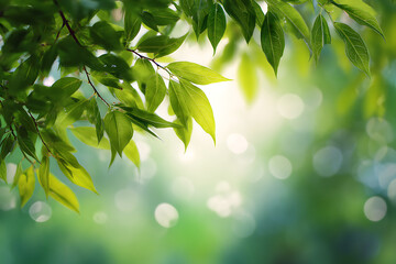 Obraz premium Beautiful green leaves in sunlight with bokeh creating a refreshing nature background scene