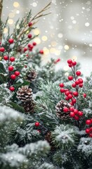 Photo of Festive Christmas Arrangement with Red Berries Snowy Pine Cones