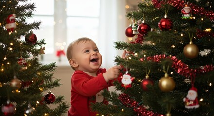 Photo of Joyful Toddler Decorating Christmas Tree with Festive Ornaments and Red Outfit