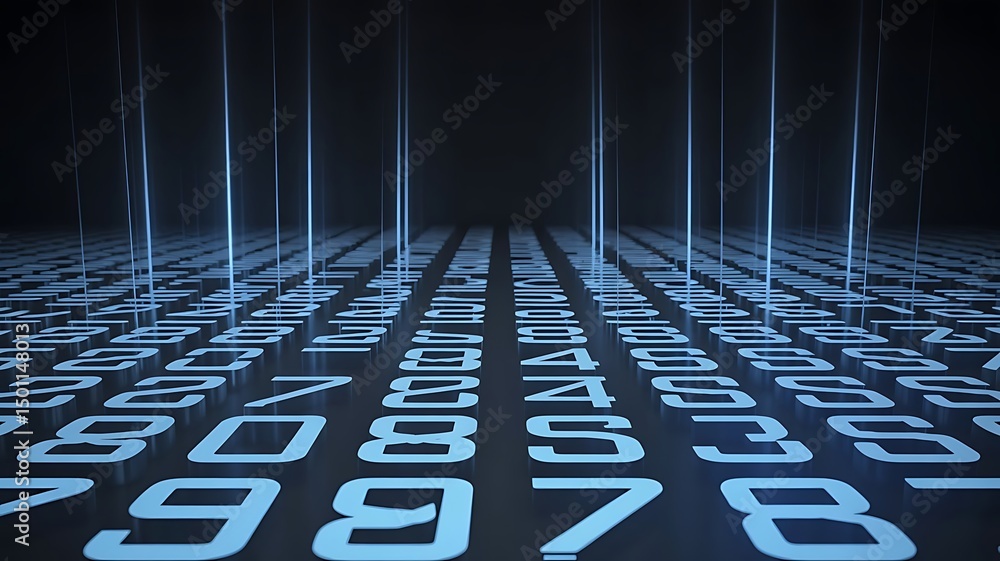 Poster bright digital code numbers with light beams.