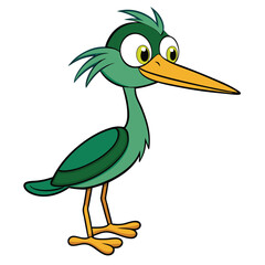 Cartoonish green bird stands upright with bright yellow beak and curious eyes