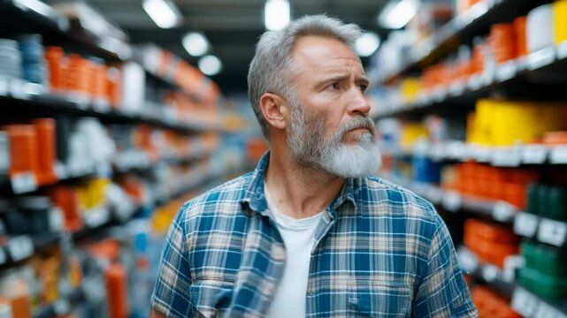 Man in plaid shirt looks contemplative in hardware store aisle surrounded by tools and supplies