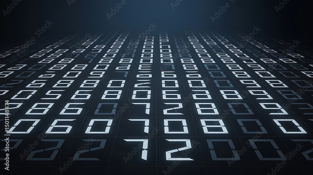 Aufkleber minimal futuristic digital background with glowing grid of white numbers, soft shadows, and dark blu