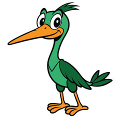 Cheerful green cartoon bird with big eyes and an orange beak stands tall
