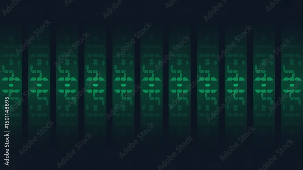 Poster digital circuit pattern with futuristic neon green glow on dark background.