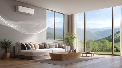 Fototapeta premium Minimalist Living Room with Flowing Air Conditioner Breeze