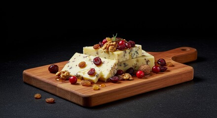 Photo of Gourmet Cheese with Cranberries and Walnuts on a Wooden Board
