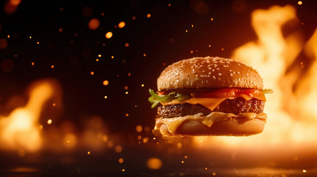 Juicy burger floating in midair with ingredients like lettuce, tomato, cheese, and beef patty, surrounded by flames and sparks creating dramatic effect, evoking excitement and hunger