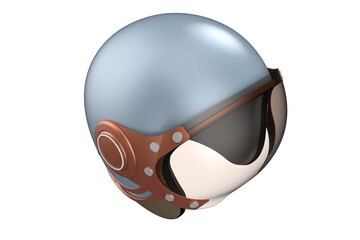 Elegant Light Blue Vintage Retro Scooter Motorcycle Helmet Isolated on White Background, Featuring Brown Leather Accents and Clear Protective Visor for Rider Style and Safety