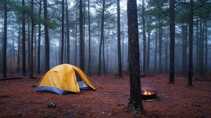 Misty forest camping scene