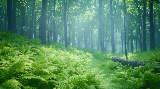 Misty forest pathway ferns