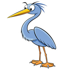 Cartoon blue heron with a long beak stands gracefully in a simple pose