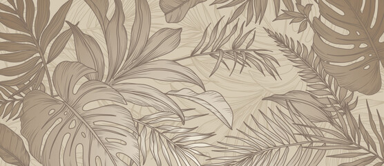 Fototapeta premium Abstract tropical leaves art background. Botanical wallpaper with leaves, branches, hand drawn line style pattern in brown and beige tones. Vector illustration for banner, prints, decor, wall art