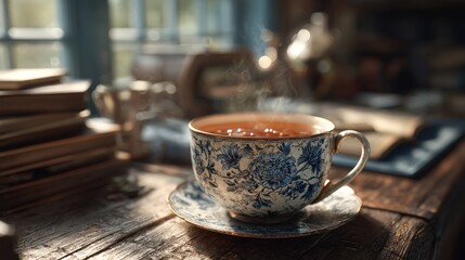 Fototapeta premium Intricate porcelain cup filled with hot tea on a tranquil workspace desk