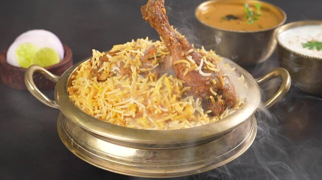 Chicken Dum Biryani Slow Motion - Steaming Hot Chicken Biryani 