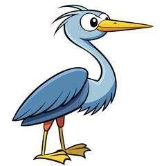 Cartoon heron is standing up straight, showcasing its unique yellow beak and feet