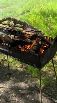 Closeup view of fire burning in the grill.