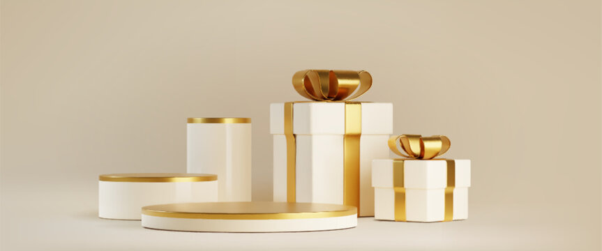 Golden gift boxes set with white round podiums - closed present packages with ribbon bow and cylinder pedestal displays. Luxury holiday design elements for advertising, product showcase mockups.