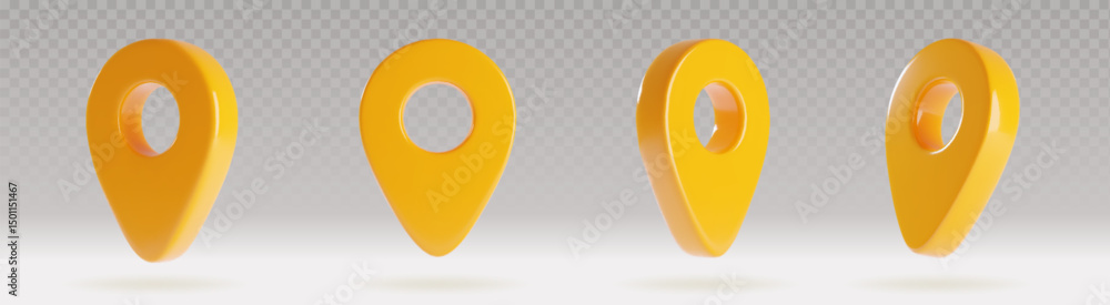 Poster 3d map pin icons set - yellow plastic location markers with transparent shadow on transparent backgr
