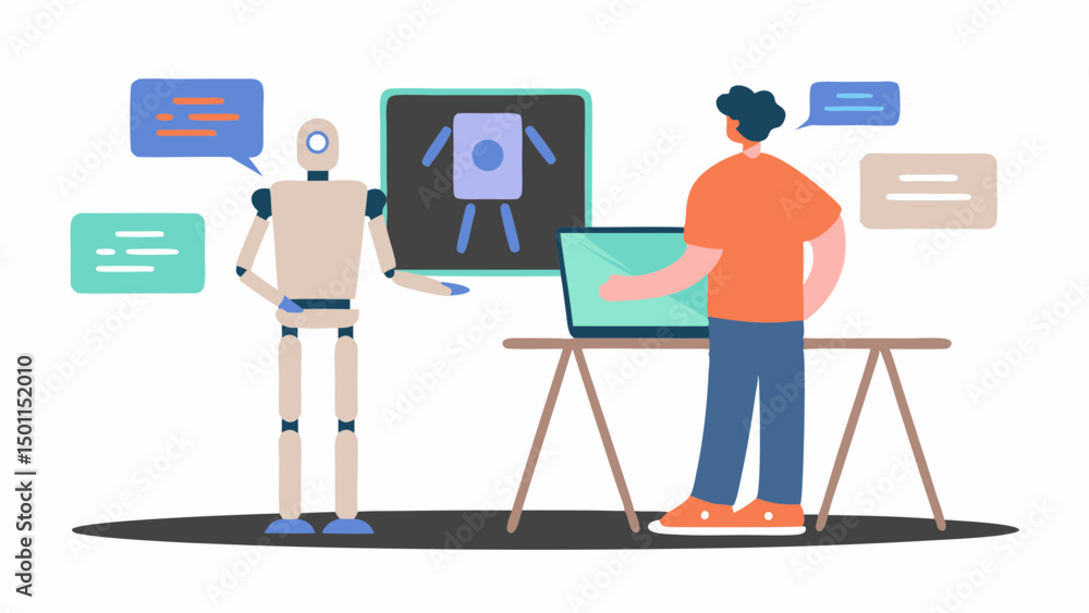 Poster human and ai working together with a presentation of data and insights in clean modern illustration