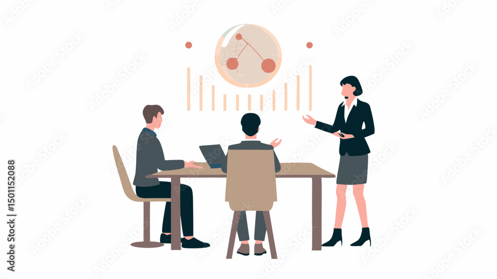 Poster a team collaboration analyzing data and strategizing for success in a modern board room in vector