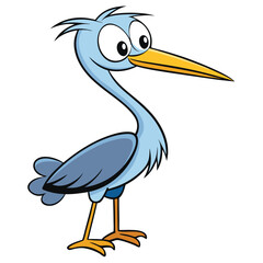 Cartoon heron stands facing right with big eyes and a long beak