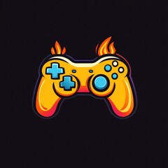 Vector game controller with flame details in cartoon style on dark background.