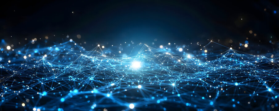 Blue technology background with network connections and digital data connection, web banner design for tech online site or social media promotion of product service on the dark blue background.