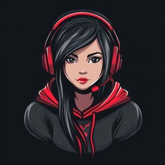 Female gamer avatar with black hair and red hoodie wearing red headset, cartoon style.