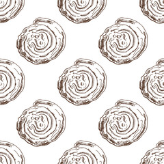 Hand drawn vintage seamless pattern of cinnamon rolls with icing in engraving sketch style in brown ink