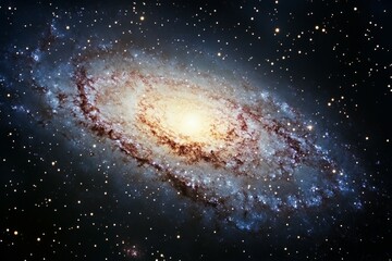 Stunning spiral galaxy showcases bright core, with swirling arms extending in deep space. Rich blues and fiery oranges dominate. Celestial beauty from cosmic perspective. Neural network AI generated
