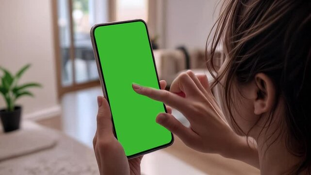Woman holding smartphone and scrolling green screen, ai generated