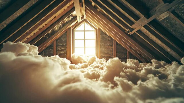 Warm light shines through an attic window covered with fresh snow, creating a cozy and inviting atmosphere.