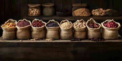 Fototapeta premium Various grains and beans in burlap sacks