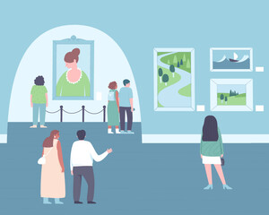 People walk through the halls of the museum looking at the paintings. Exhibition of paintings. Men and women in the museum. Flat vector illustration.