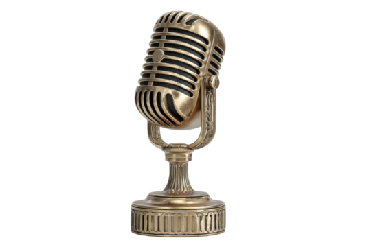 Gold vintage microphone isolated on transparent PNG background