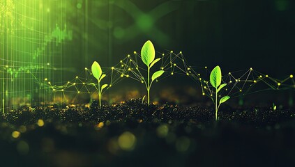 Growing seedlings, digital lines,  chart overlay.  Young plants emerging from soil,  with a technological overlay of  graph data.  Sustainable growth,  investment potential concept