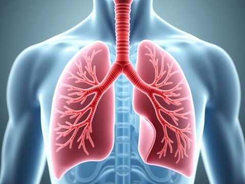 Sistema respiratorio que muestra pulmones, bronquios y alv&eacute;olos con una vista semitransparente del t&oacute;rax