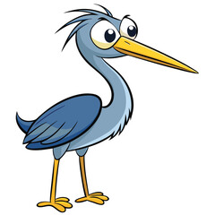 Light blue cartoon heron character with yellow beak stands on a white background
