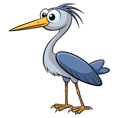 Funny cartoon heron with large eyes stands alert against a bright white background