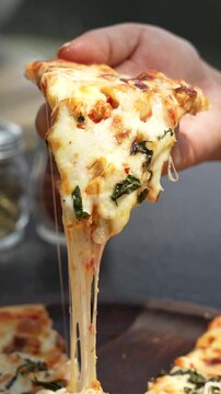 Seafood pizza slice - pizza slice cheese pull