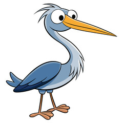 A cartoon heron with large eyes and a long beak poses playfully